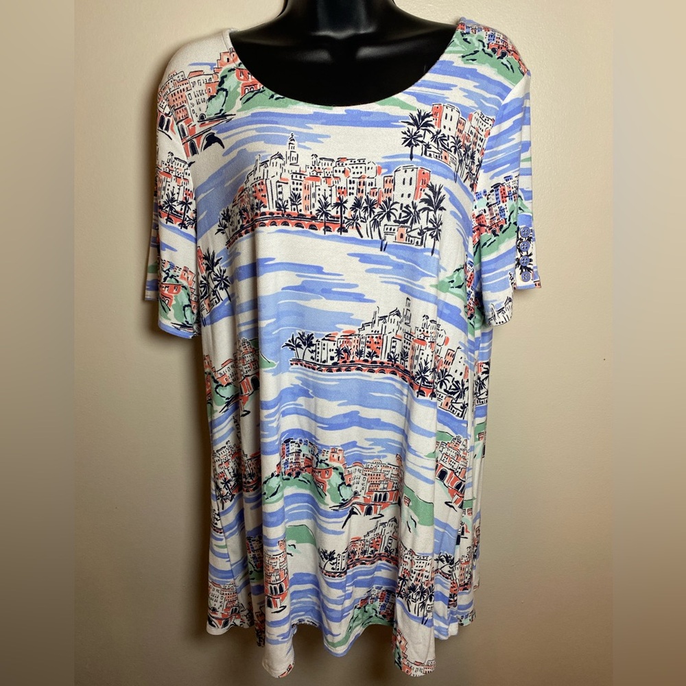 Kim Rogers Scenic Print Short Sleeve Tunic Top Large Vacation Blue Coral